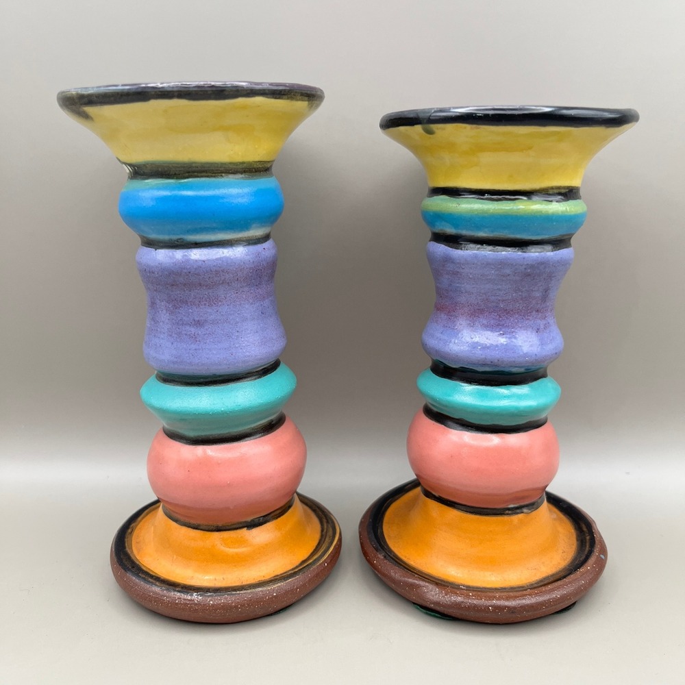 2 Vtg Pottery Postmodern Colorful Stacked Ceramic Candlestick Holders 5.25"